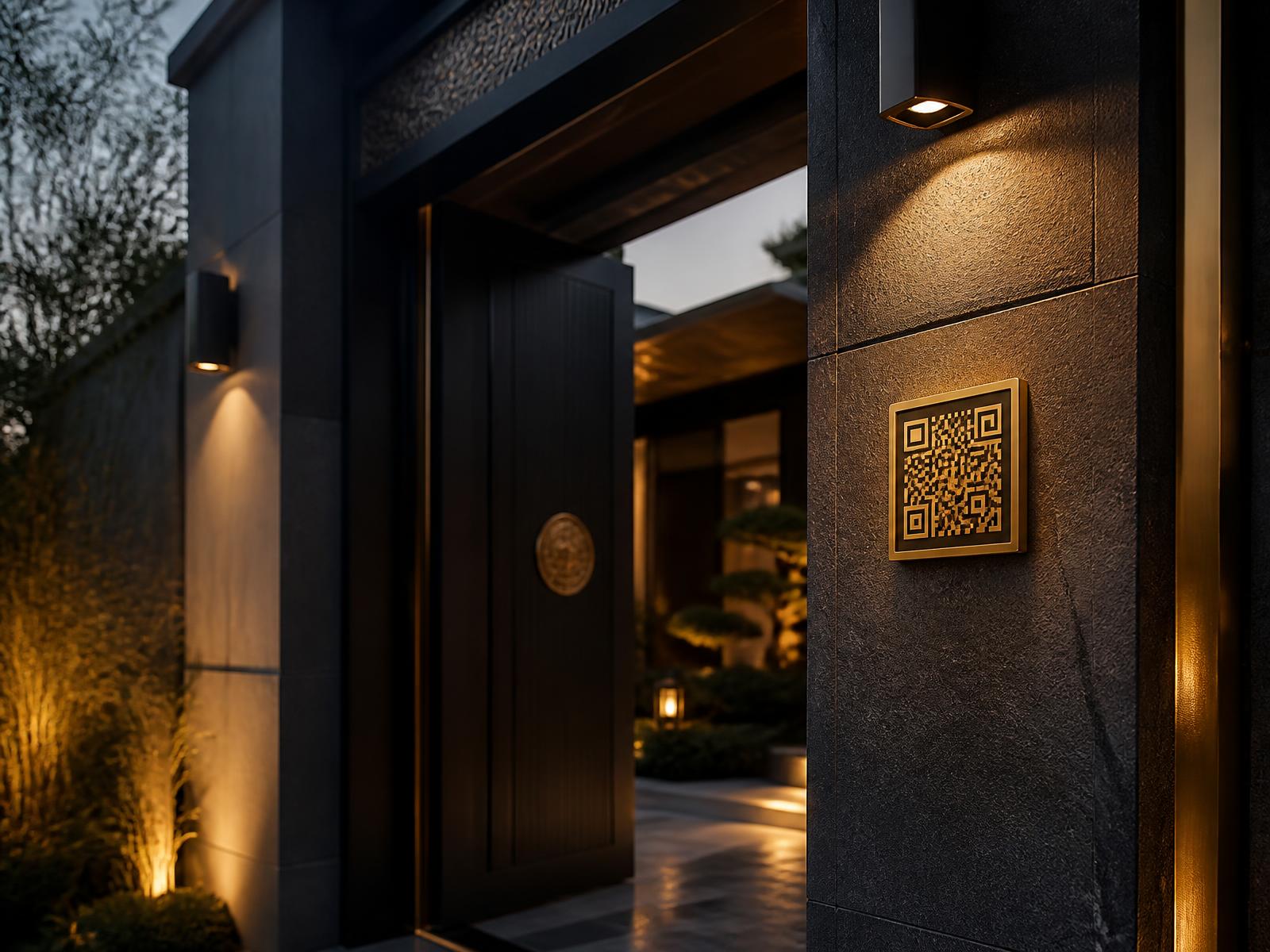 Entrada de moradia de luxo ao anoitecer com placa QR dourada junto à porta